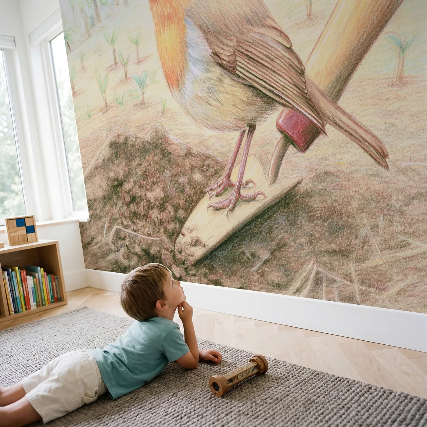 Child in nursery with Robin on a Garden Trowel Wallpaper Mural by Whimsy Tots