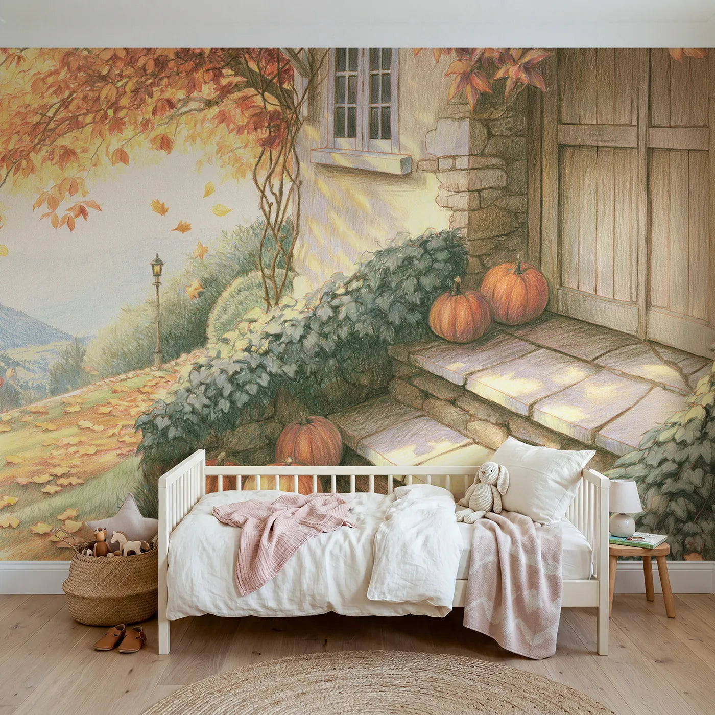 Colored pencil wall mural of pumpkins on a cottage step by Whimsy Tots