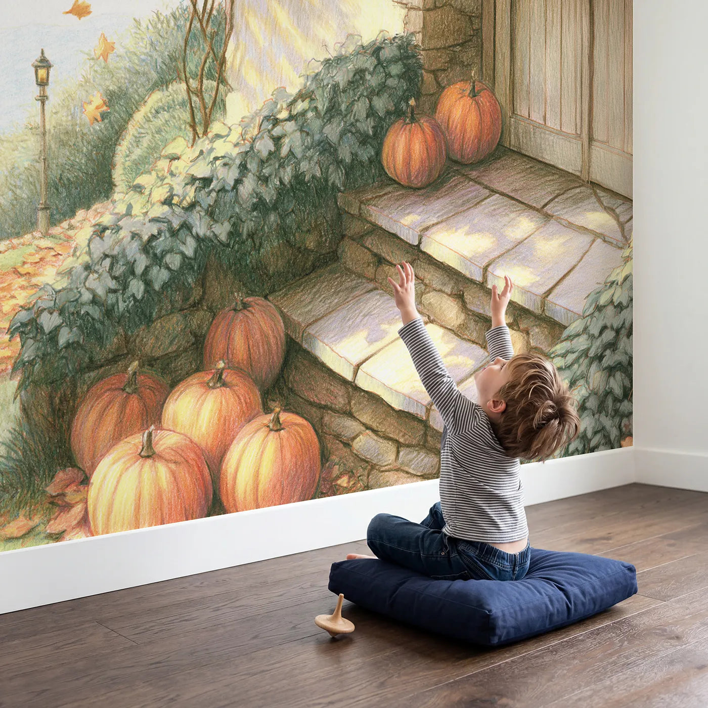 Child in nursery with Pumpkins on the Step Wallpaper Mural by Whimsy Tots