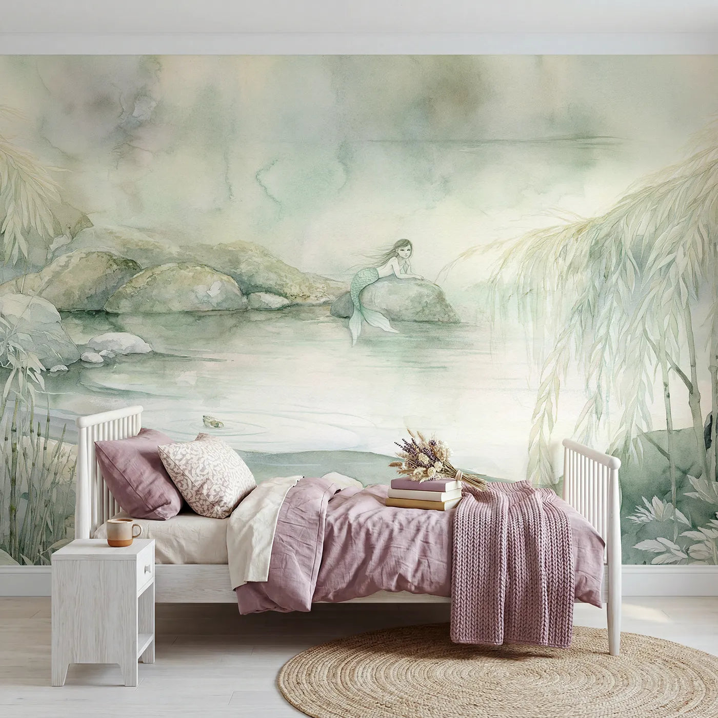 Watercolor wall mural of a mermaid resting in a misty lagoon by Whimsy Tots