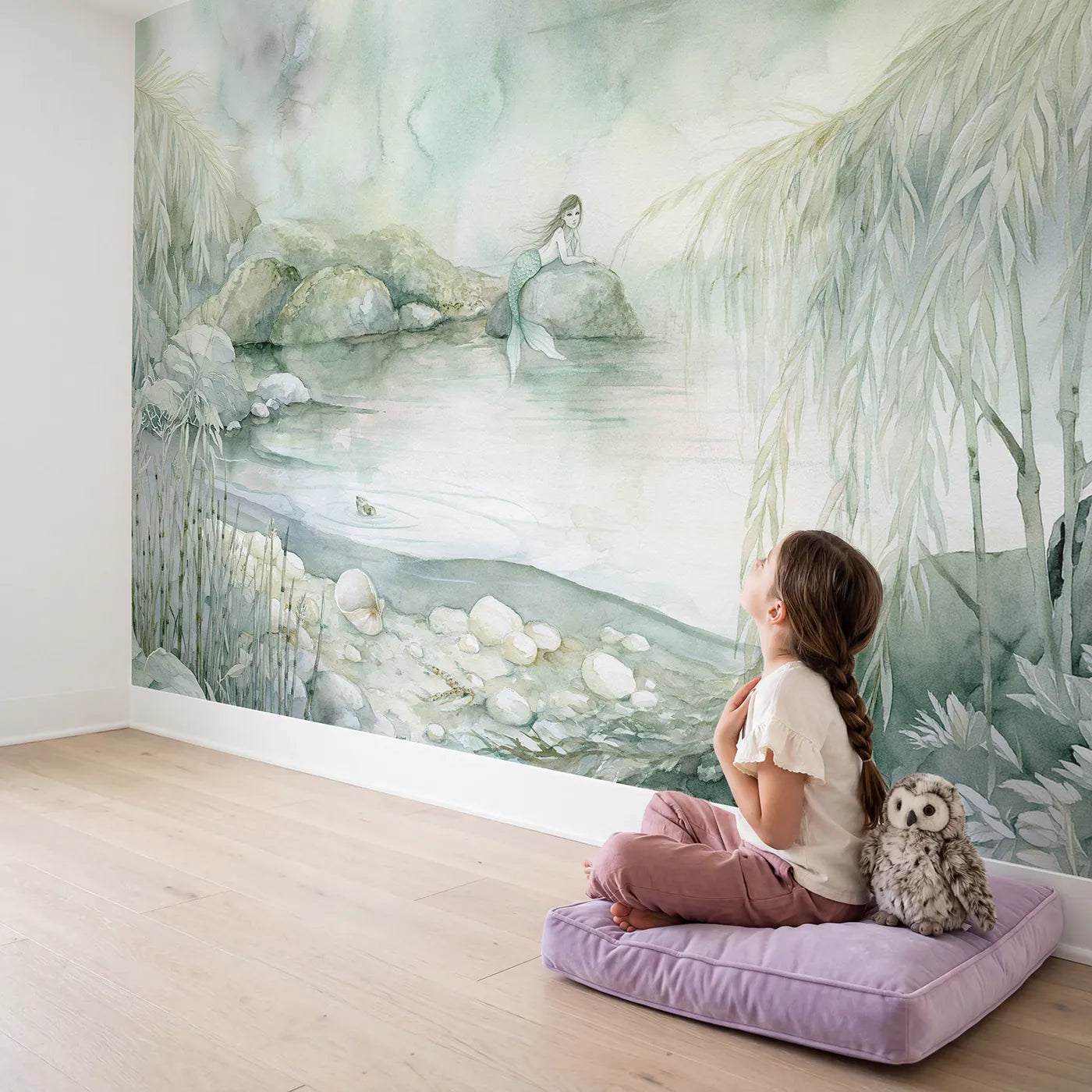 Child in nursery with Dreaming Mermaid Lagoon Wallpaper Mural by Whimsy Tots