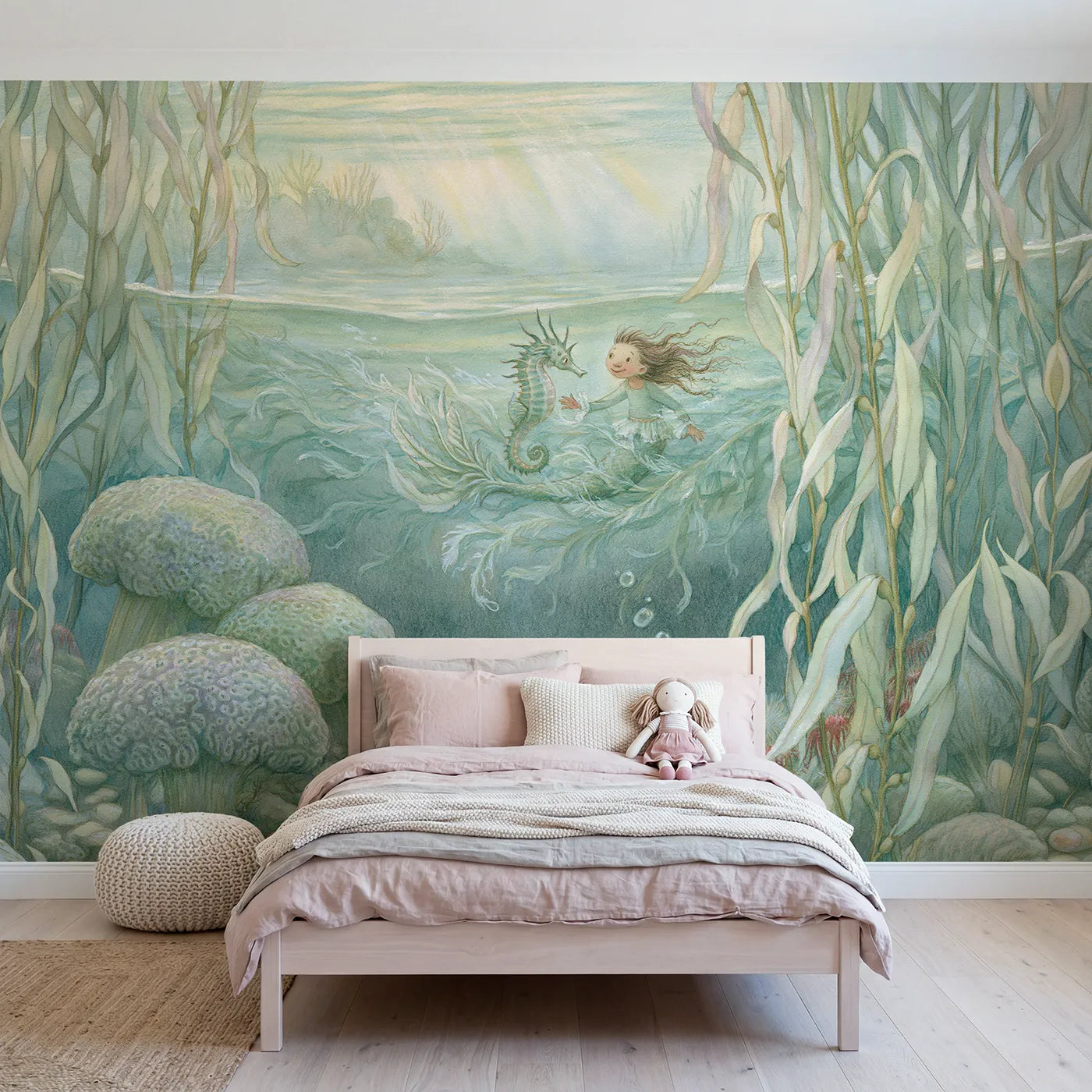 Storybook wall mural of a mermaid and seahorse friend on pale blue by Whimsy Tots