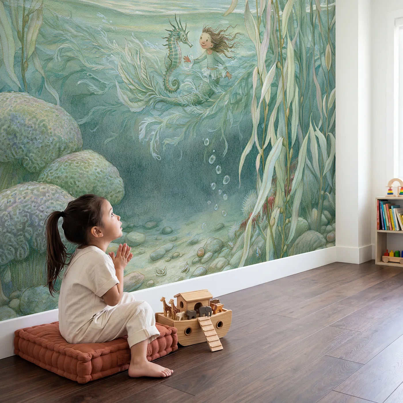 Child in nursery with Little Mermaid Friends Wallpaper Mural by Whimsy Tots