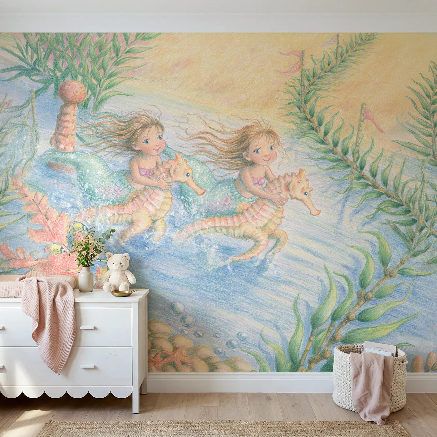 Colored Pencil mermaids racing seahorses through kelp, mural for a playroom by Whimsy Tots