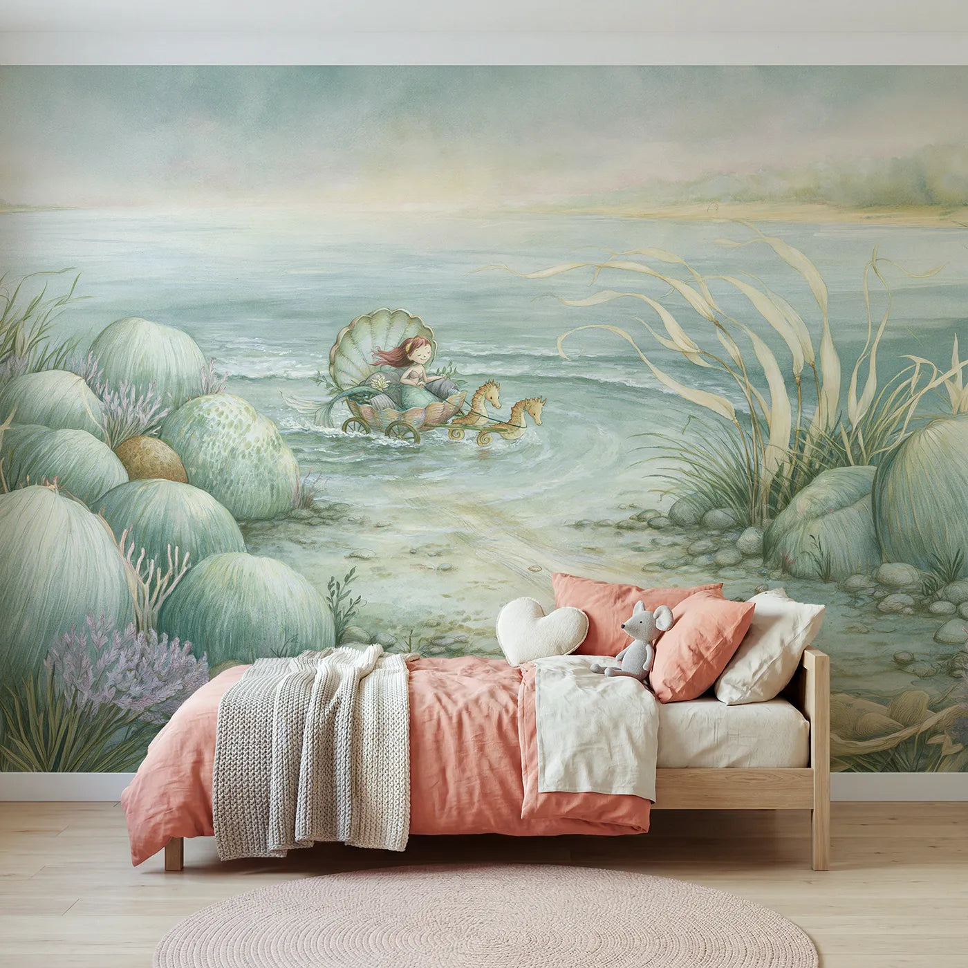 Storybook wall mural of a mermaid in a shell carriage on pale blue by Whimsy Tots