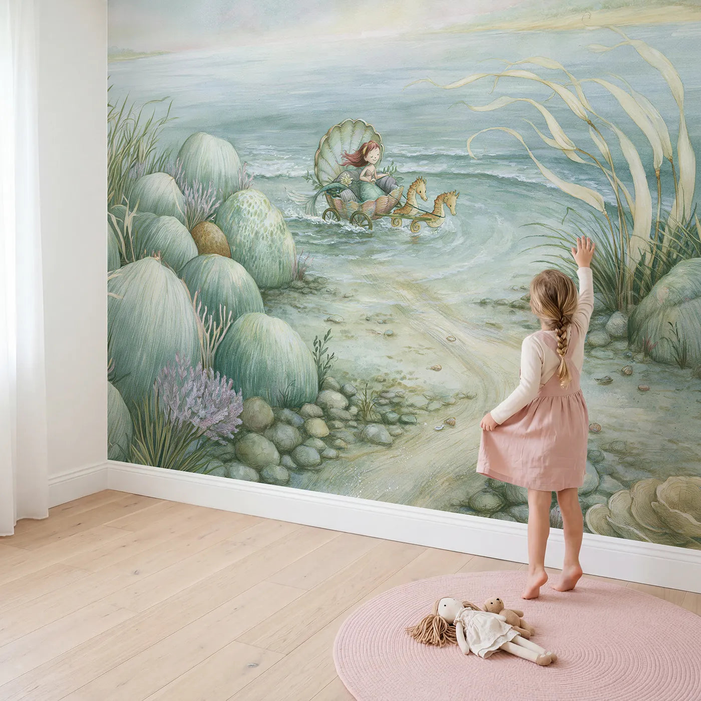 Child in nursery with Mermaid Shell Carriage Wallpaper Mural by Whimsy Tots