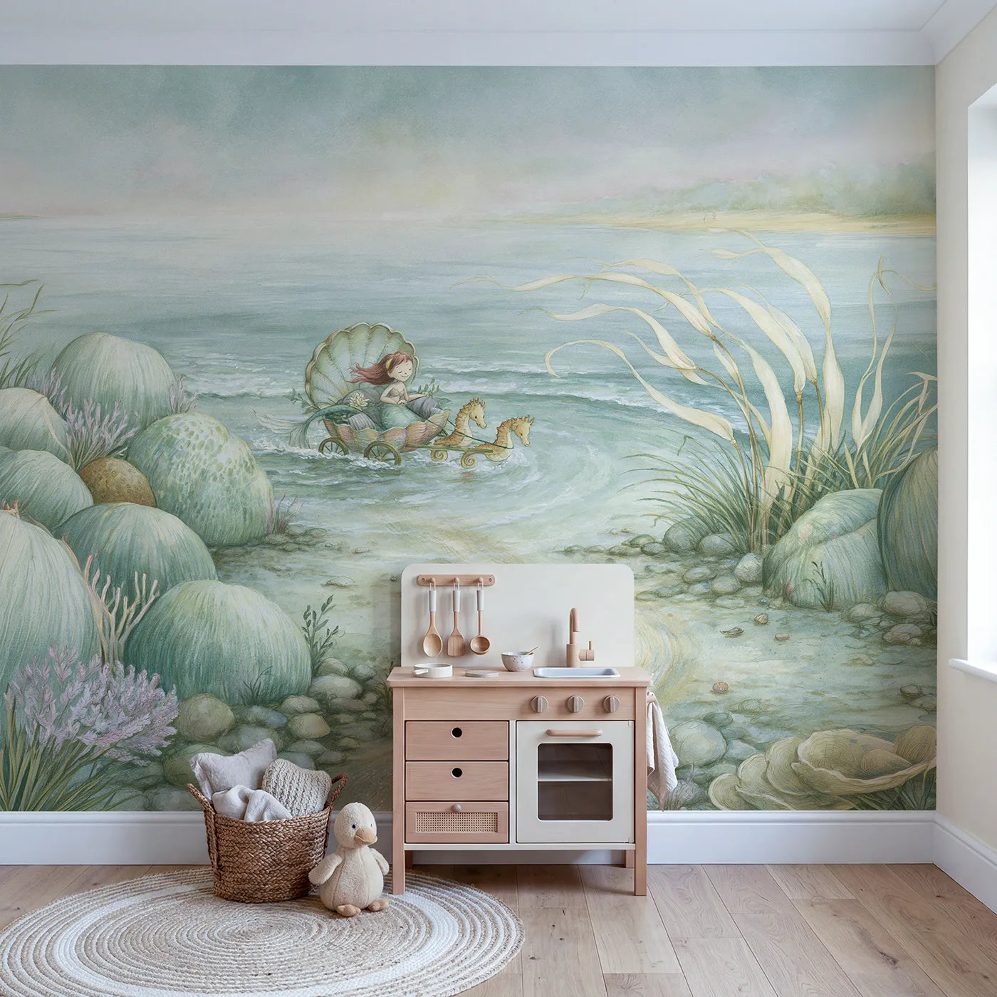 Mermaid Shell Carriage Wallpaper Mural in playroom setting by Whimsy Tots
