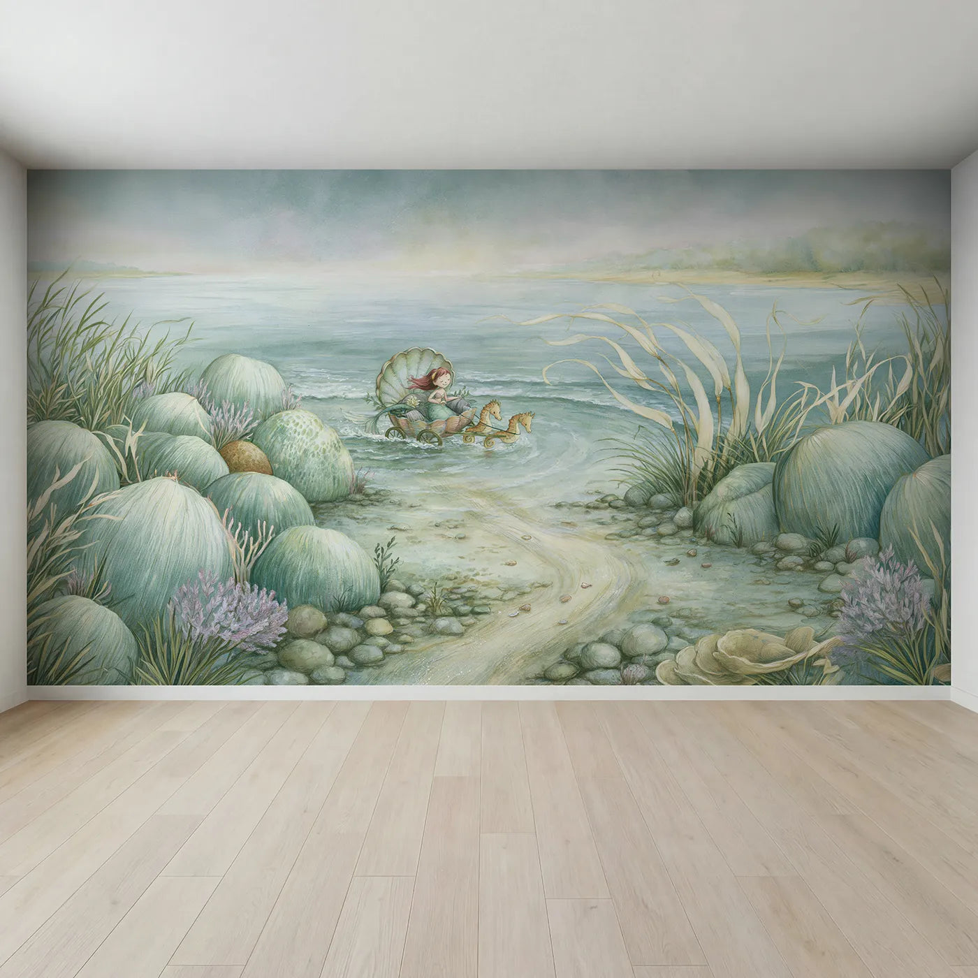 Full view of Mermaid Shell Carriage Wallpaper Mural by Whimsy Tots