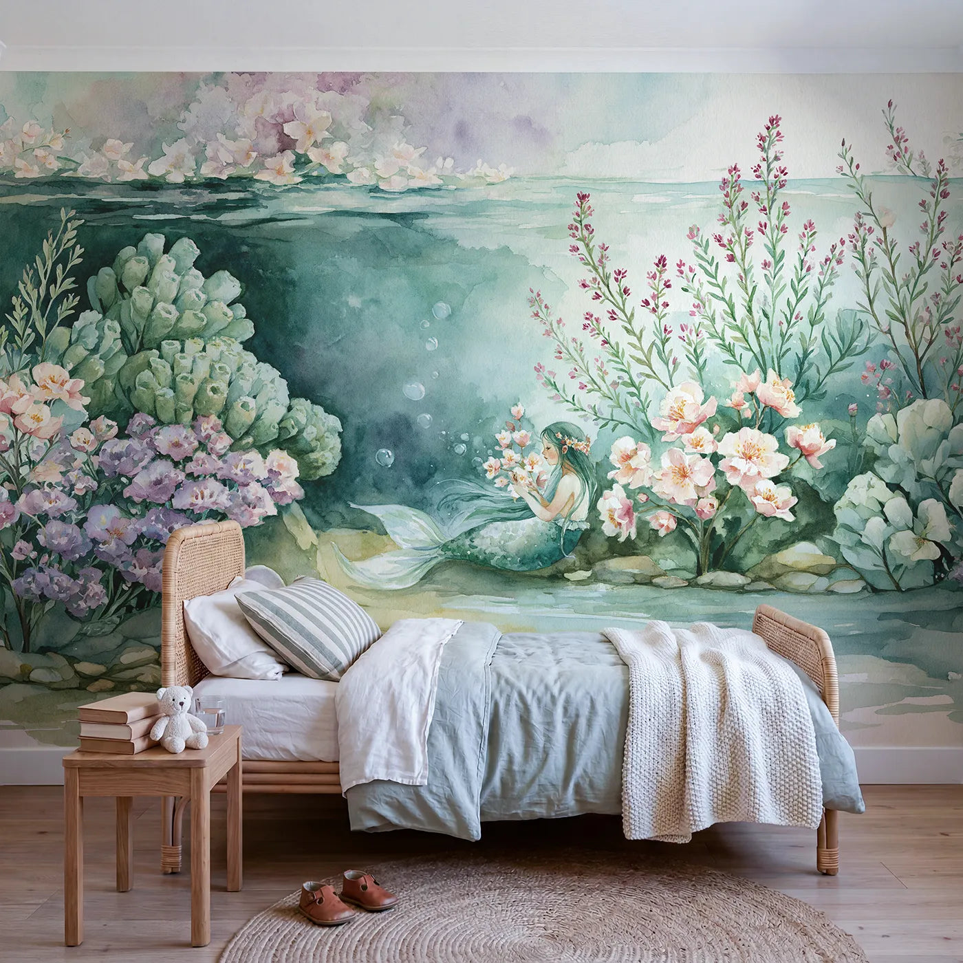 Watercolor wall mural of a mermaid tending coral blossoms on cool cream by Whimsy Tots