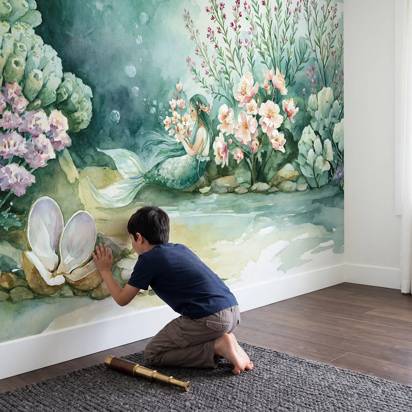 Child in nursery with Mermaid Coral Garden Wallpaper Mural by Whimsy Tots