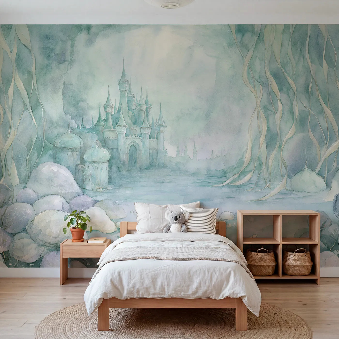 Watercolor wall mural of a sunken palace in opaline haze on pale blue by Whimsy Tots