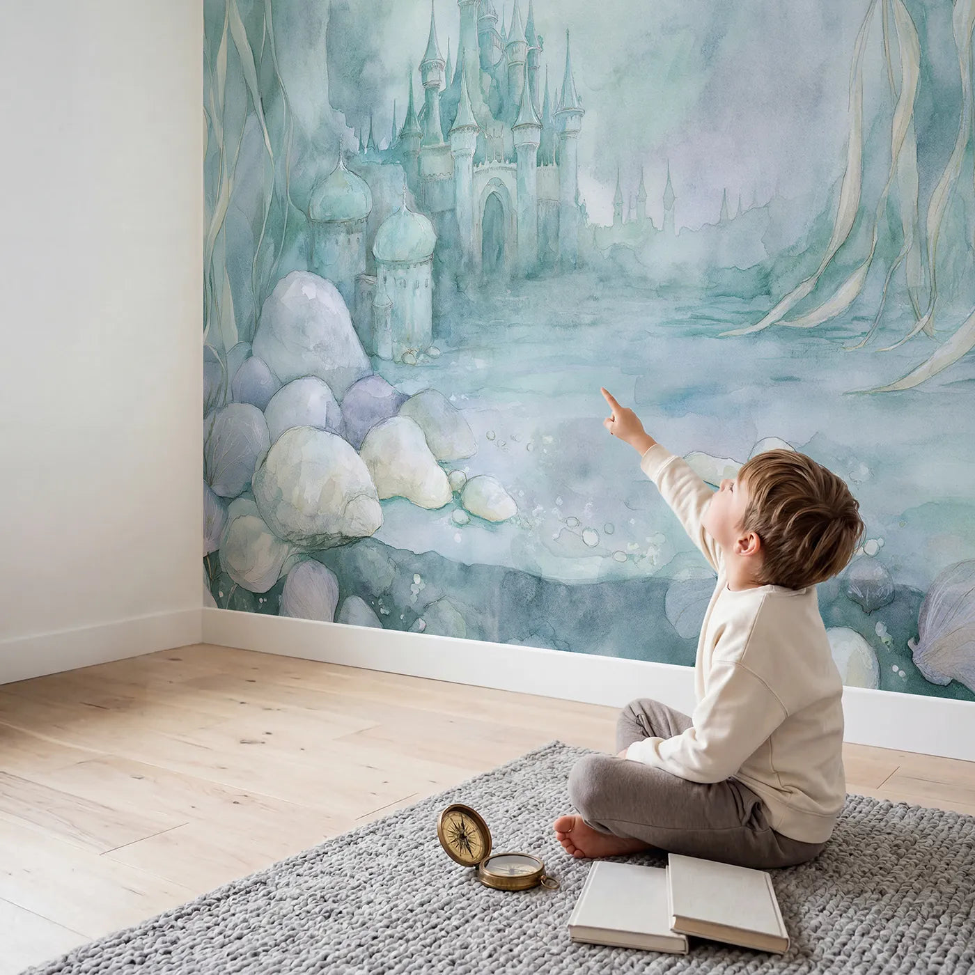 Child in nursery with Enchanted Sunken Palace Wallpaper Mural by Whimsy Tots