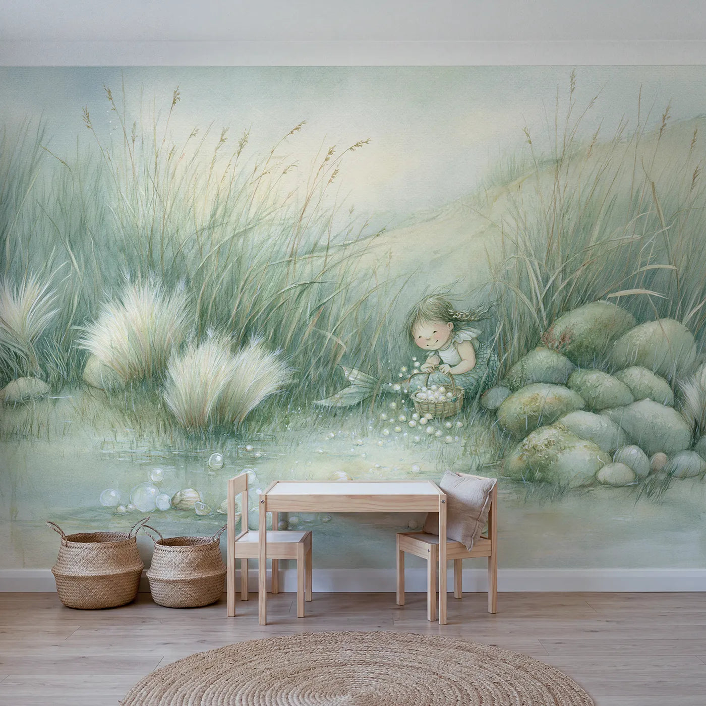 Storybook wall mural of a mermaid gathering pearls on cool cream by Whimsy Tots