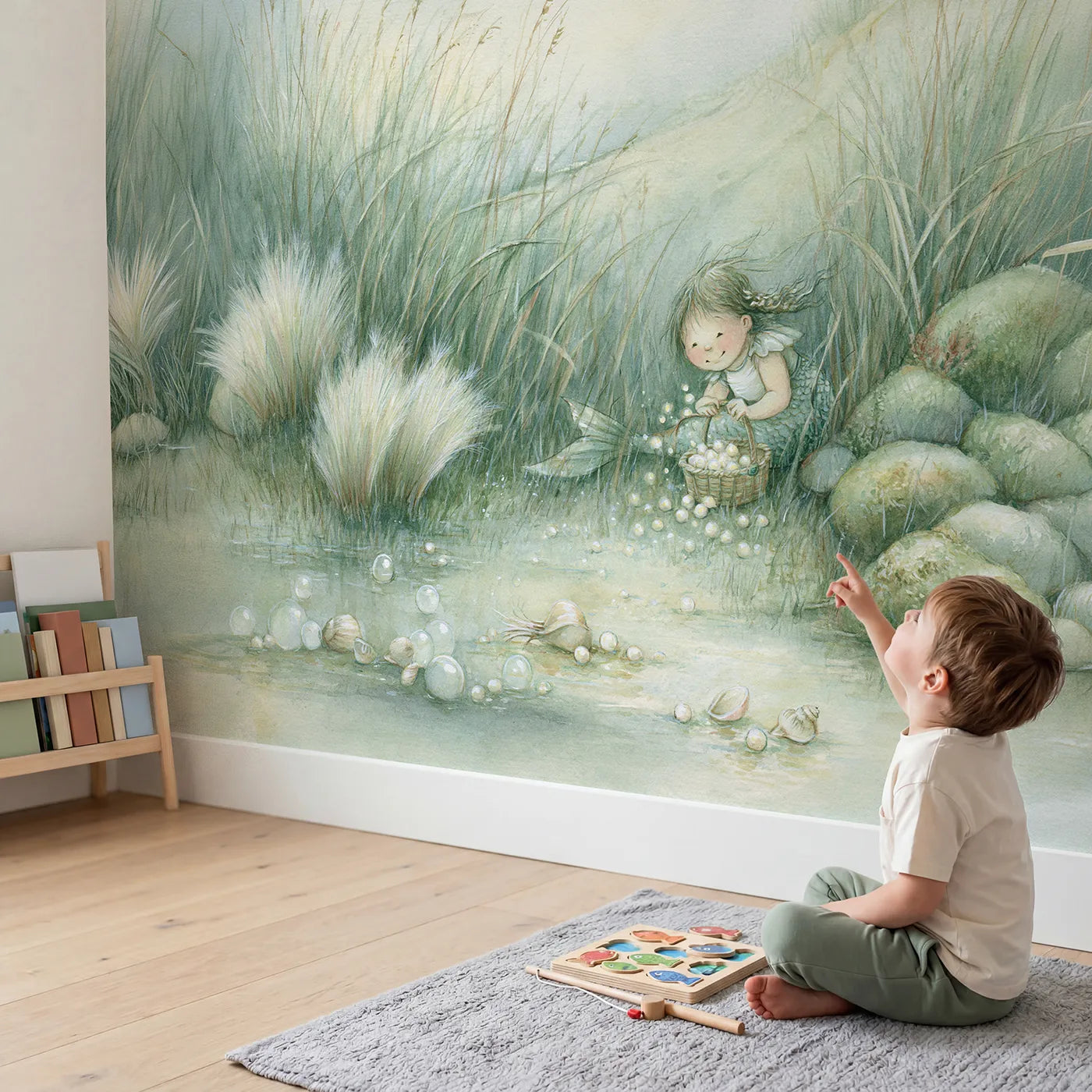 Child in nursery with Mermaid Pearl Hunt Wallpaper Mural by Whimsy Tots