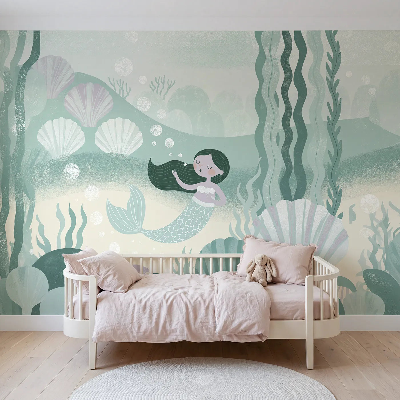 Gouache wall mural of a folk mermaid singing among shells by Whimsy Tots