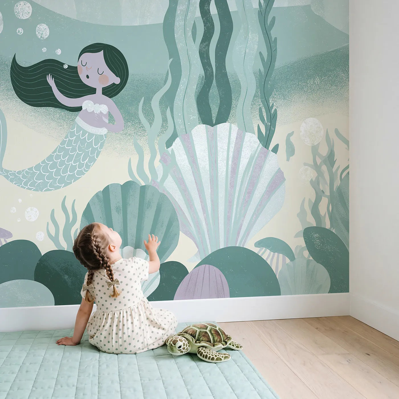 Child in nursery with Folk Mermaid Song Wallpaper Mural by Whimsy Tots
