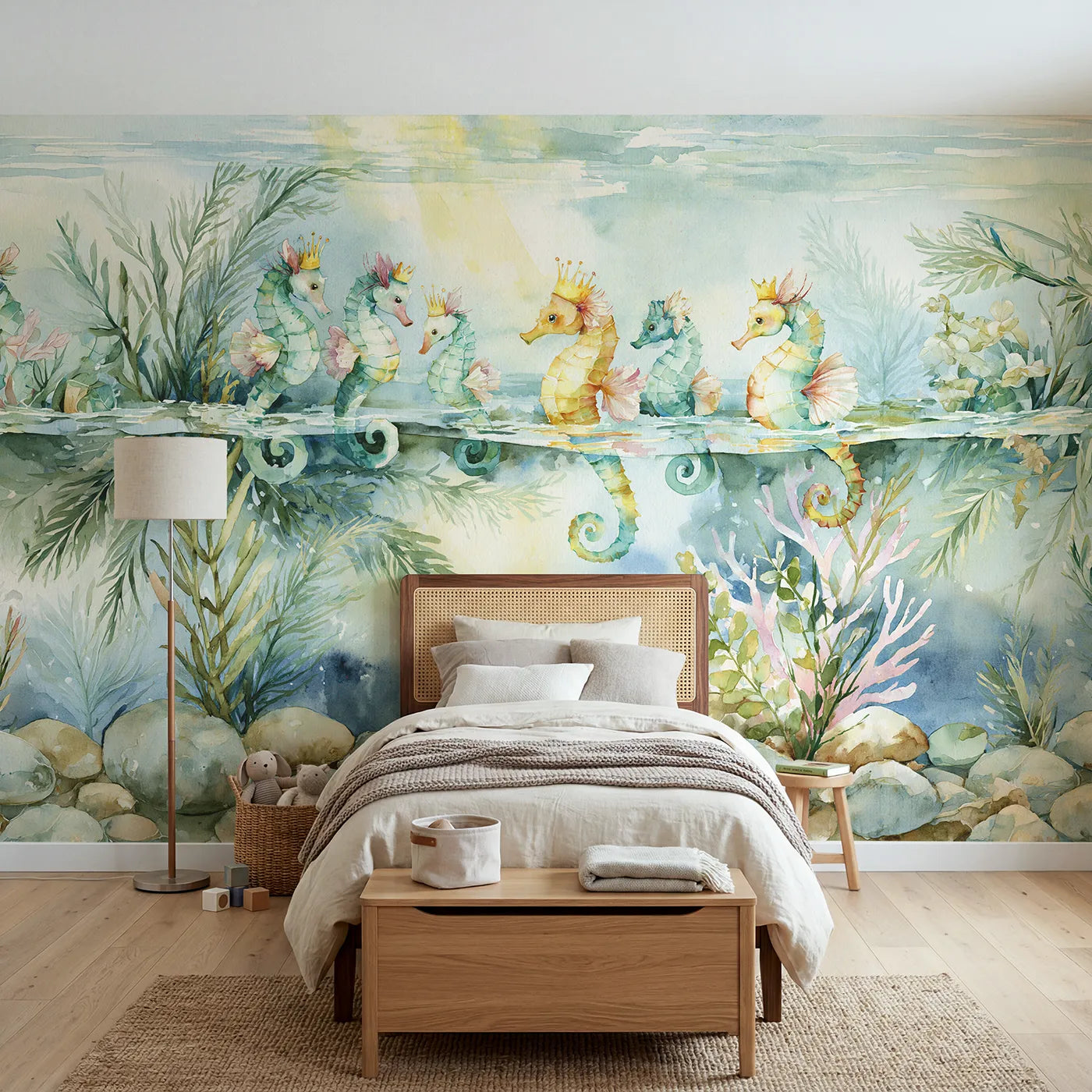 Watercolor wall mural of crowned seahorses parading on pale blue by Whimsy Tots