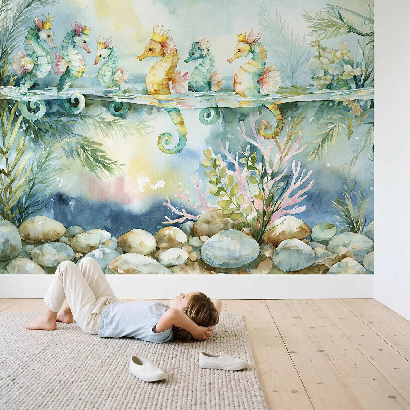 Child in nursery with Seahorse Fantasy Parade Wallpaper Mural by Whimsy Tots