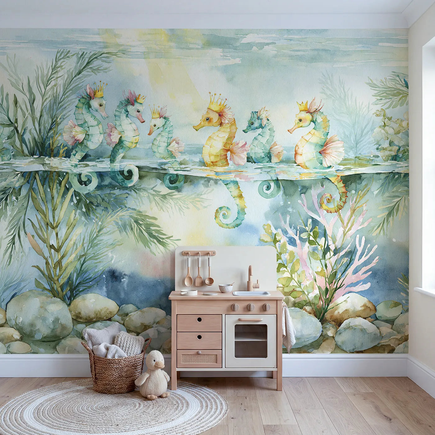 Seahorse Fantasy Parade Wallpaper Mural in playroom setting by Whimsy Tots
