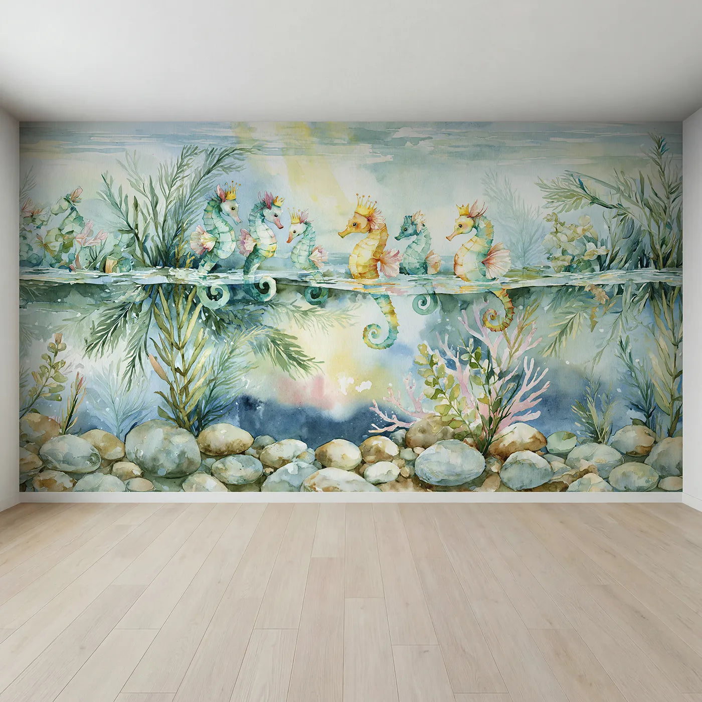 Full view of Seahorse Fantasy Parade Wallpaper Mural by Whimsy Tots