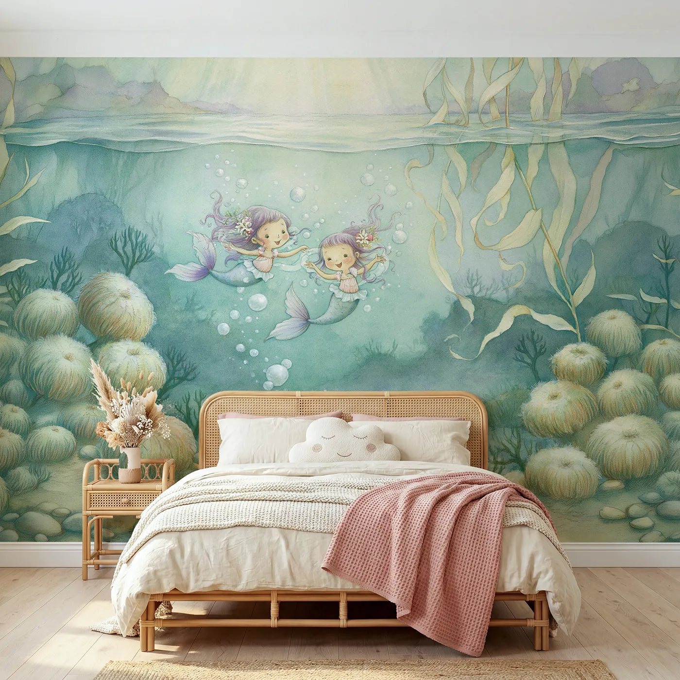 Storybook wall mural of mermaids dancing in bubbles on pale blue by Whimsy Tots