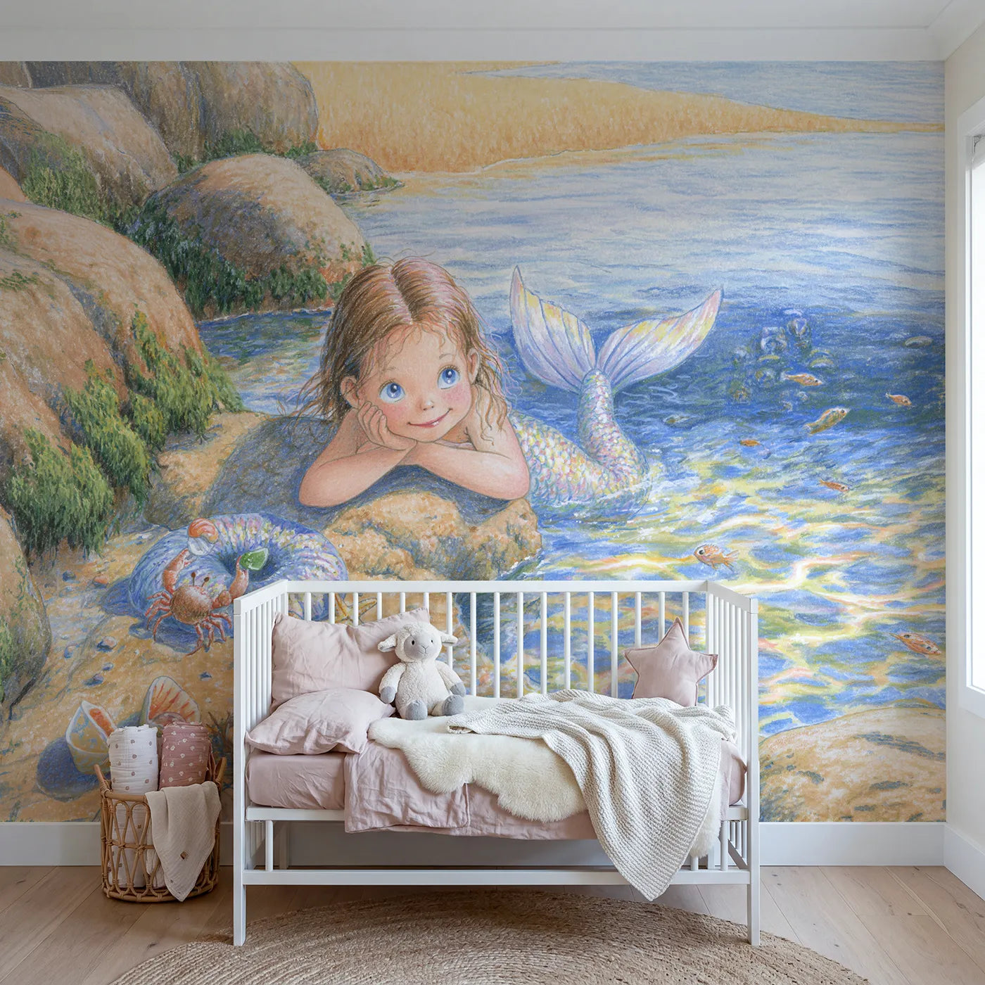 Colored Pencil mermaid at a sunlit rocky tide pool, mural for a big-kid bedroom by Whimsy Tots