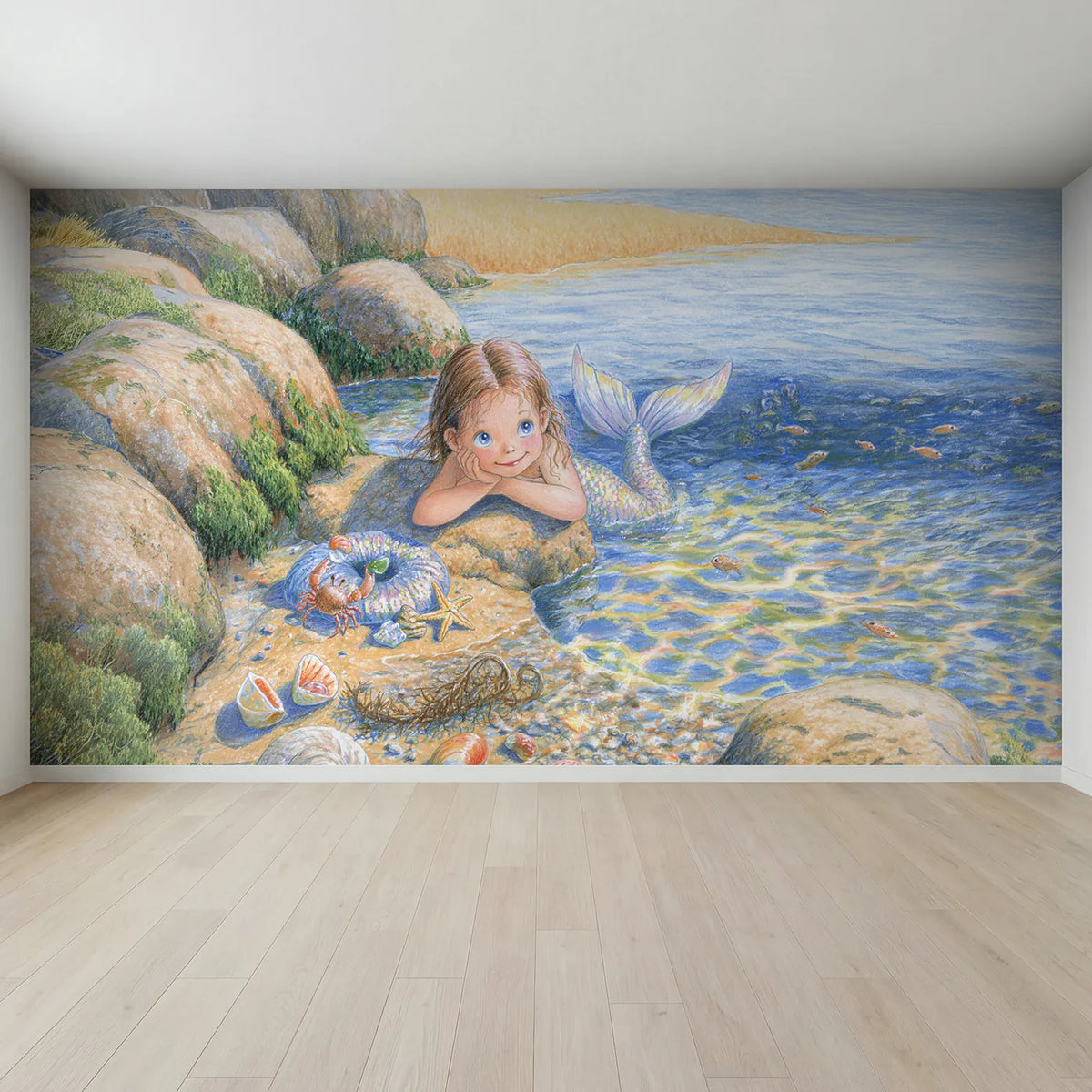 Full view of Mermaid Tide Pool Day Wallpaper Mural by Whimsy Tots