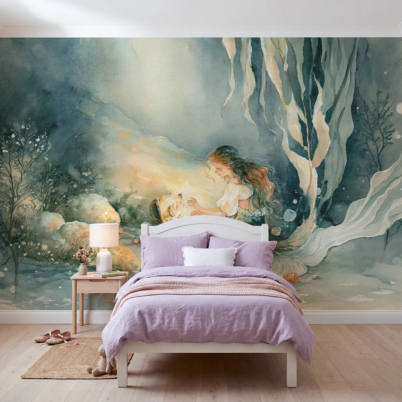 Watercolor wall mural of a mermaid with a glowing chest on cool cream by Whimsy Tots