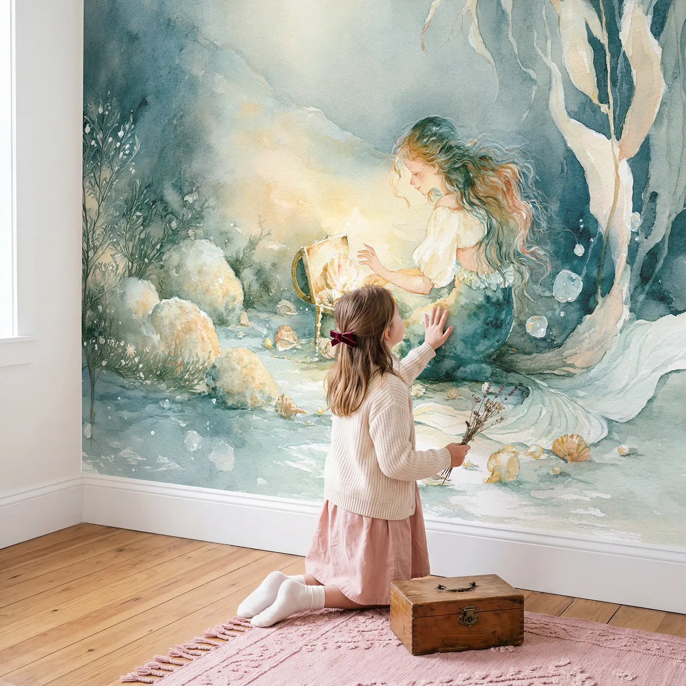 Child in nursery with Mermaid Treasure Chest Wallpaper Mural by Whimsy Tots