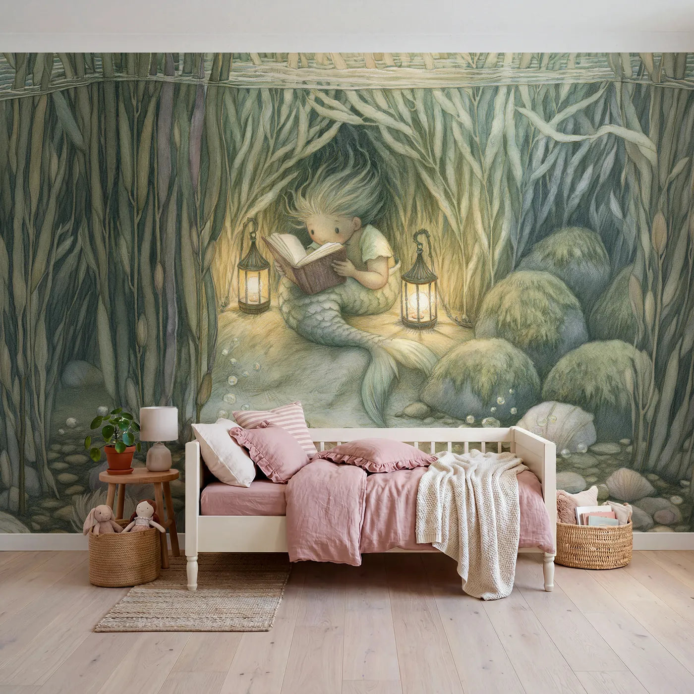 Storybook wall mural of a mermaid reading in a kelp nook by Whimsy Tots
