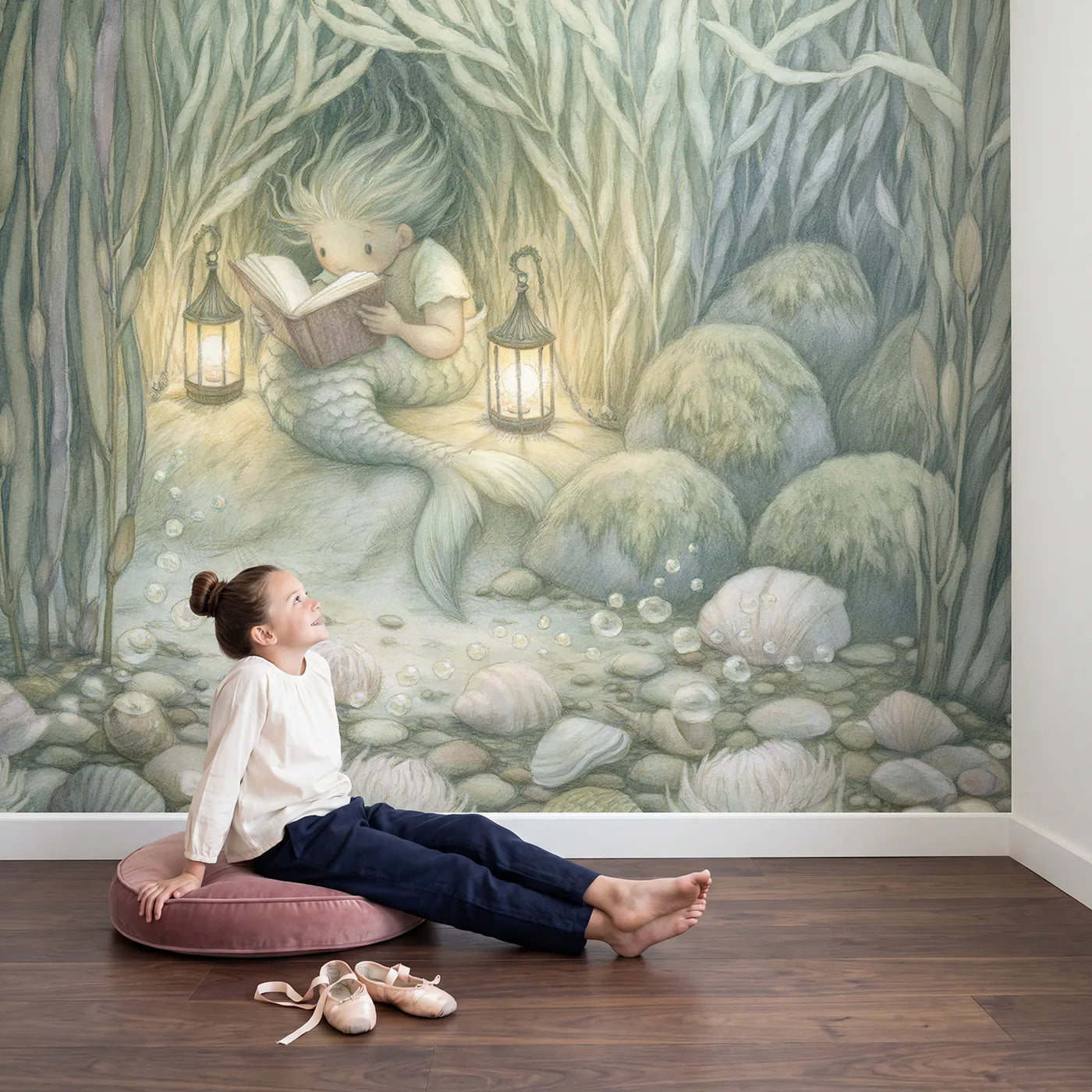 Child in nursery with Mermaid Reading Nook Wallpaper Mural by Whimsy Tots