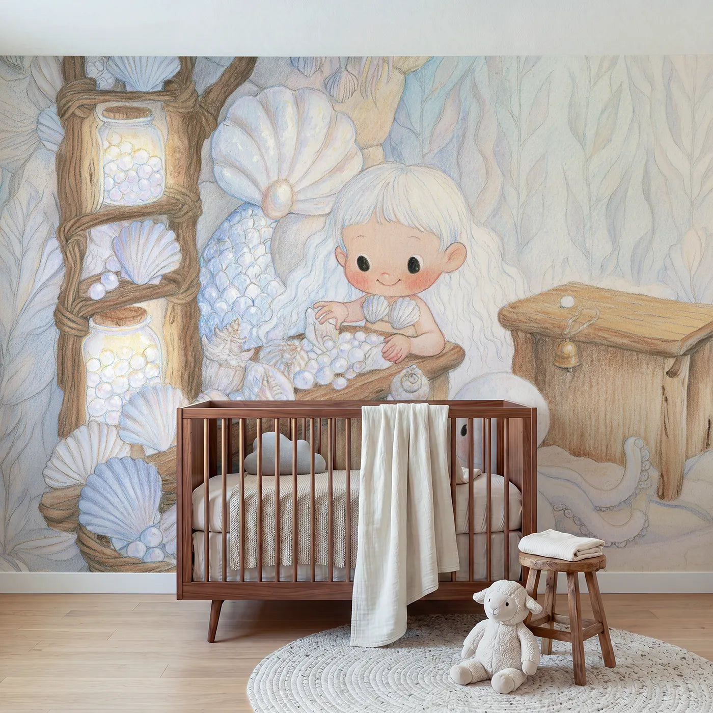 Colored Pencil mermaid shell shop with driftwood shelves, mural for a girls room by Whimsy Tots