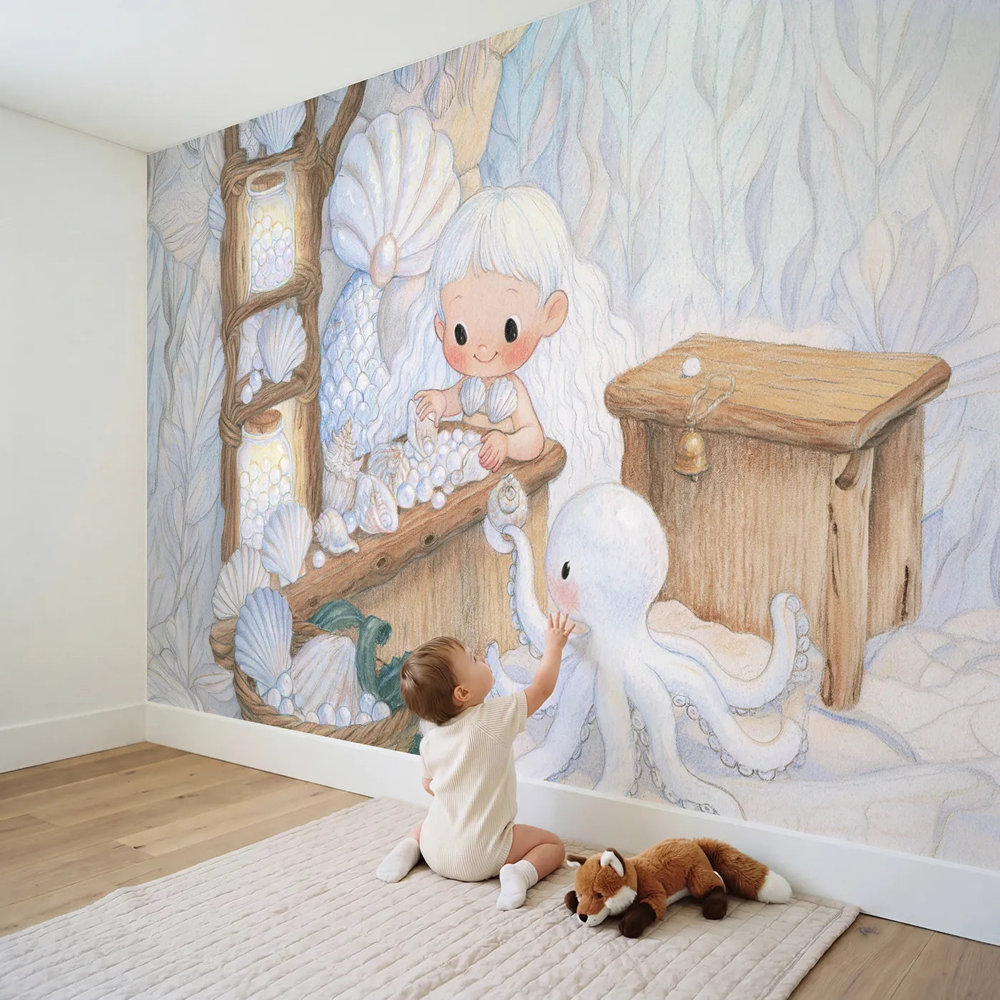 Child in nursery with Mermaid Shell Shop Wallpaper Mural by Whimsy Tots