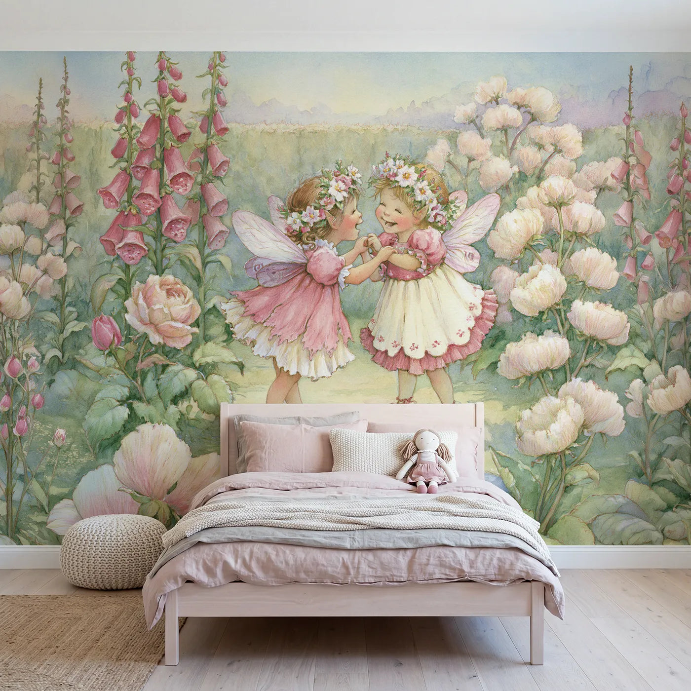 Storybook wall mural of two flower fairies giggling on soft blush by Whimsy Tots
