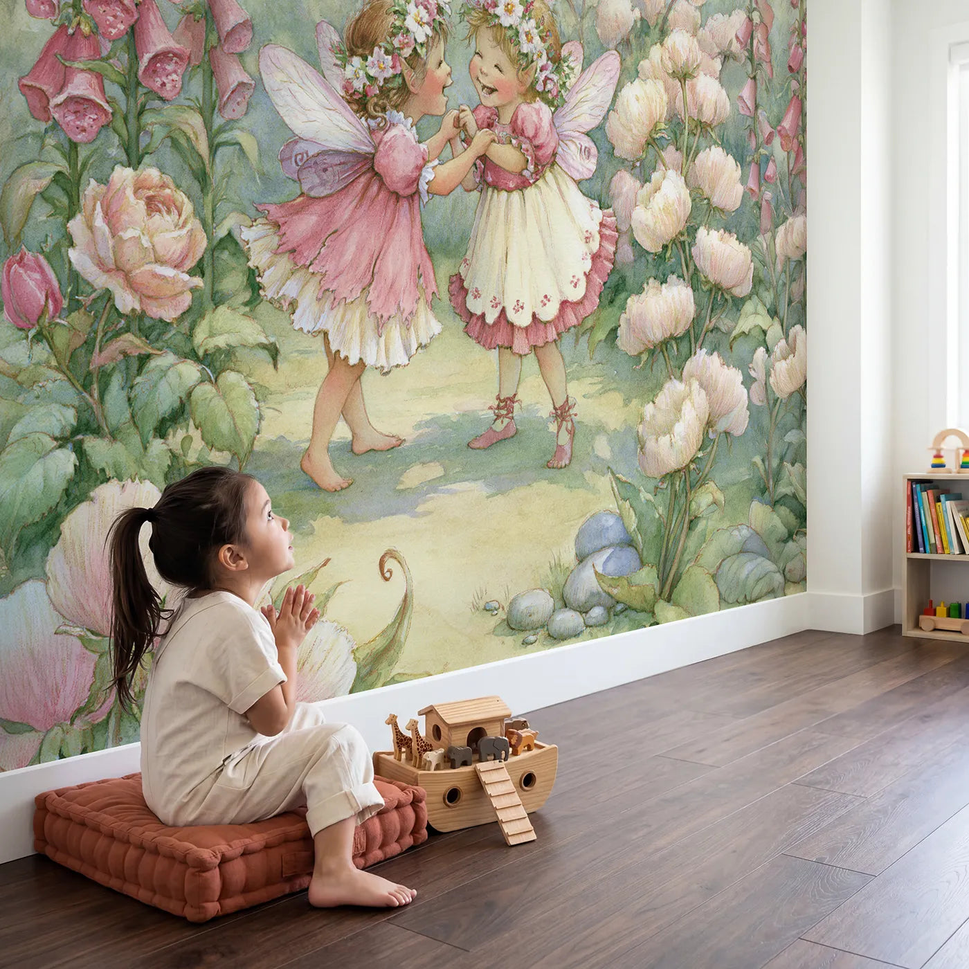 Child in nursery with Flower Fairy Friends Wallpaper Mural by Whimsy Tots