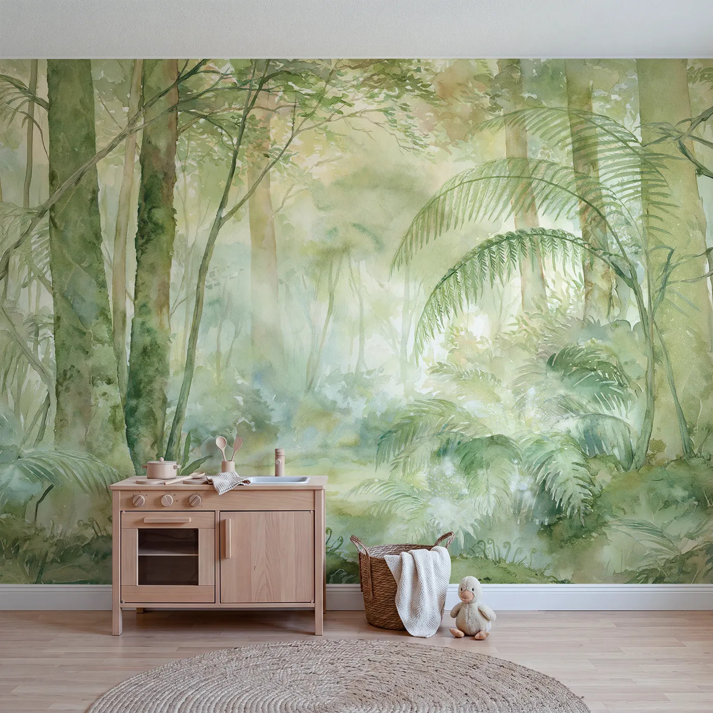 Watercolor wall mural of a misty fairy glen on pale sage by Whimsy Tots