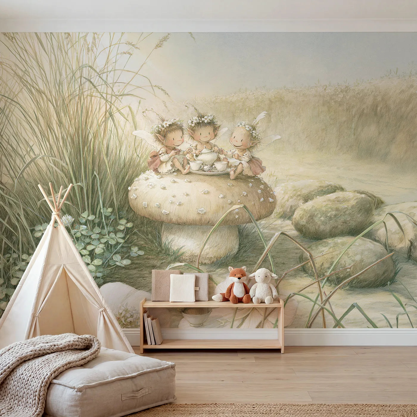 Storybook wall mural of pixies at a toadstool tea party on pale sage by Whimsy Tots