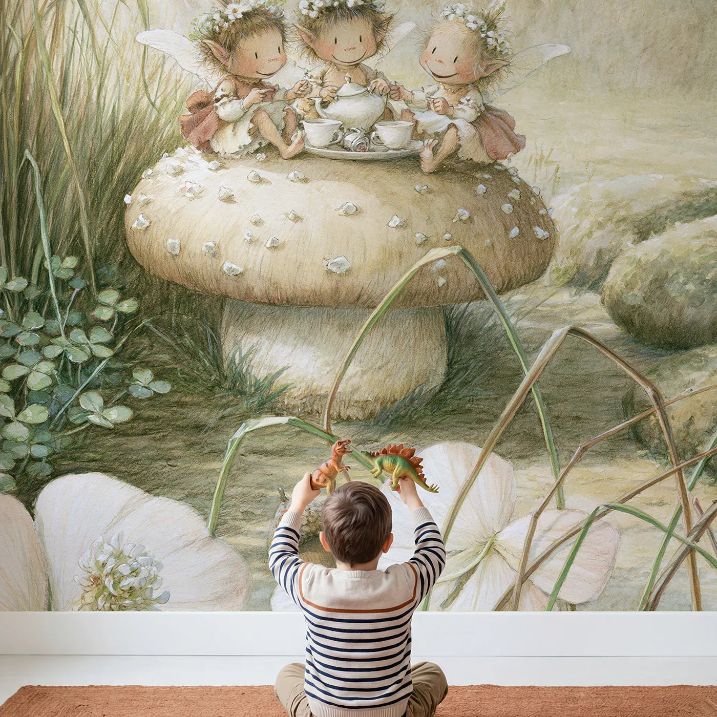 Child in nursery with Pixie Tea Party Wallpaper Mural by Whimsy Tots