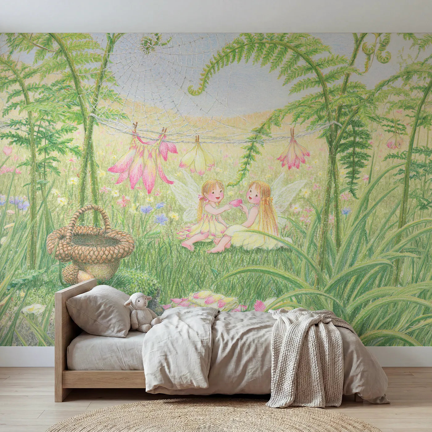 Colored Pencil fairies pegging petal dresses on a web line, mural for a girls room by Whimsy Tots