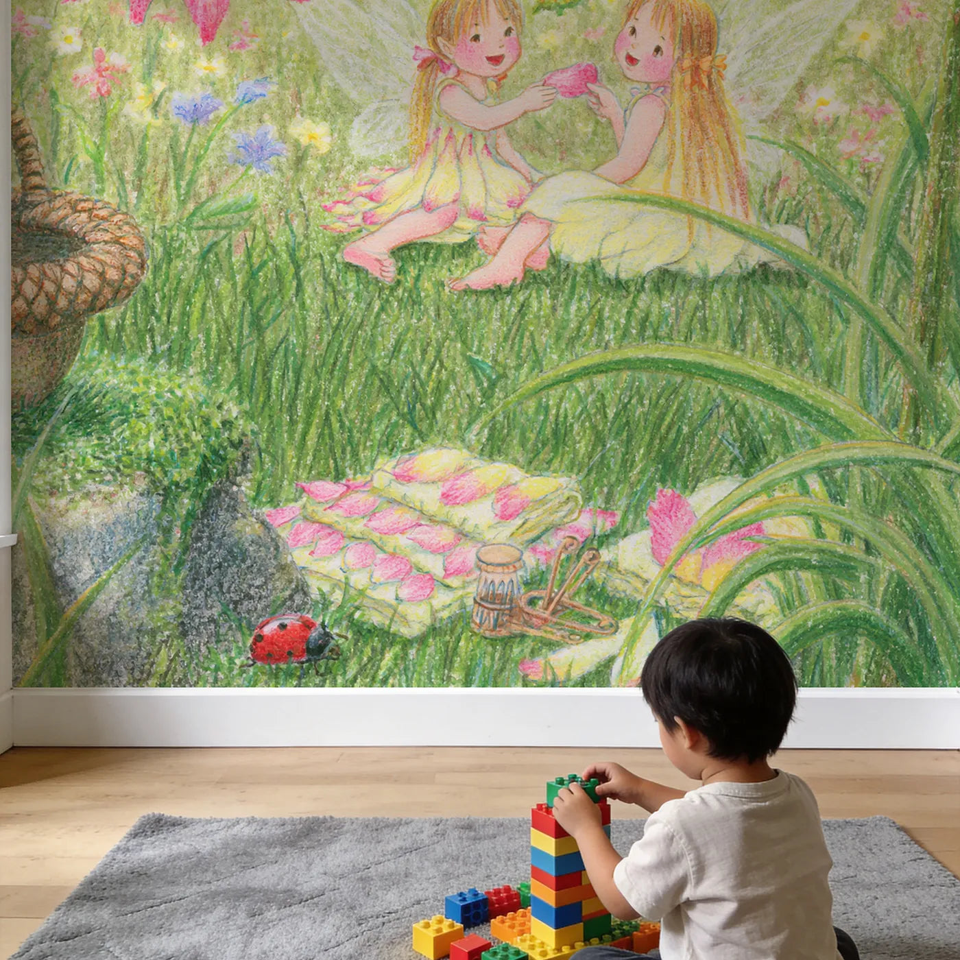 Child in nursery with Fairy Petal Laundry Wallpaper Mural by Whimsy Tots