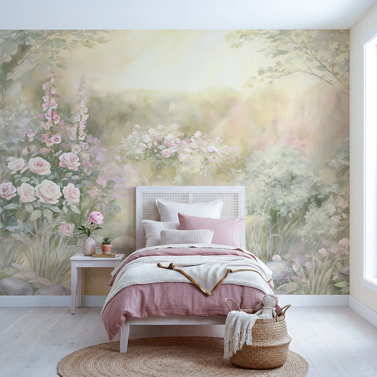 Watercolor wall mural of golden dawn over a fairy garden on warm cream by Whimsy Tots