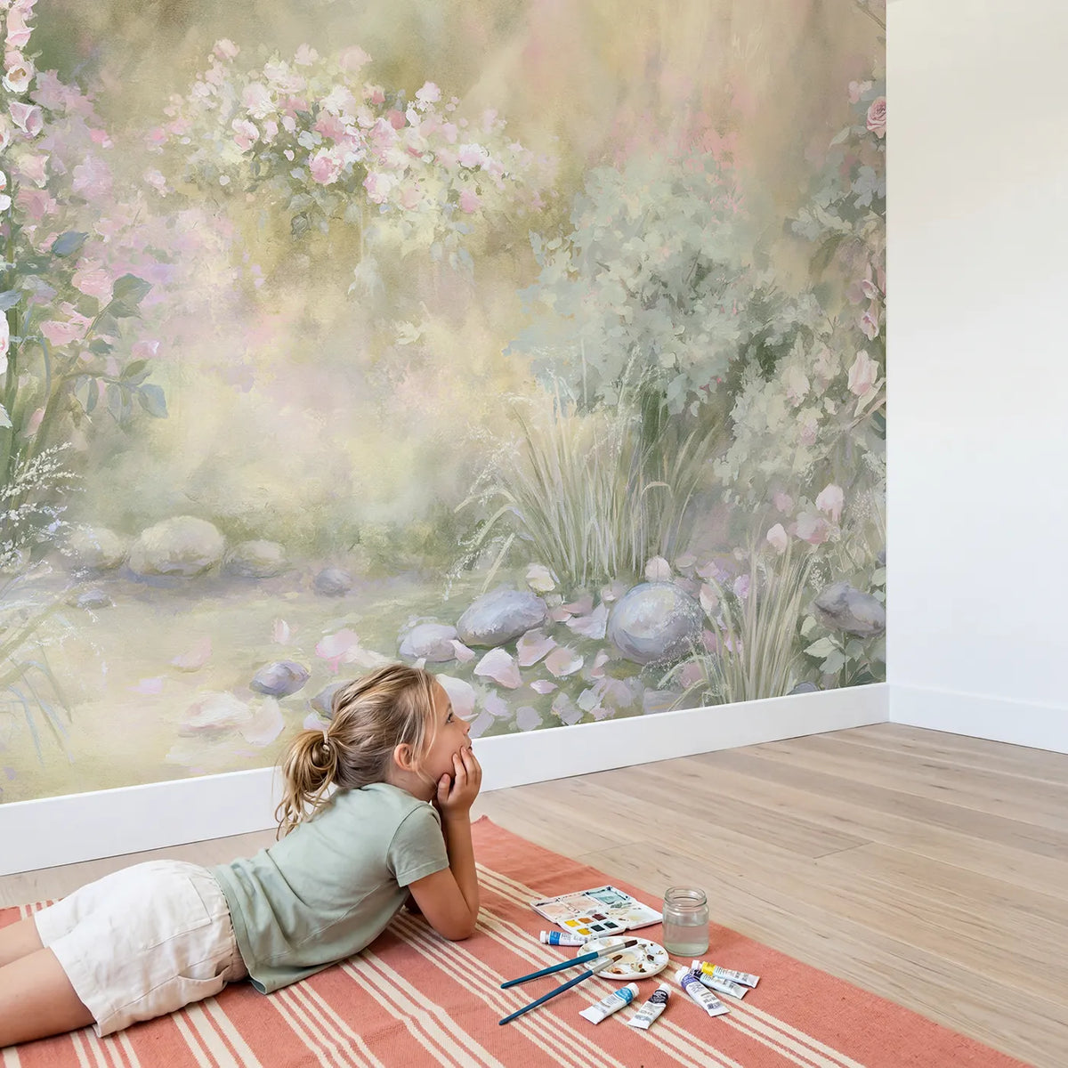 Child in nursery with Enchanted Garden Dawn Wallpaper Mural by Whimsy Tots