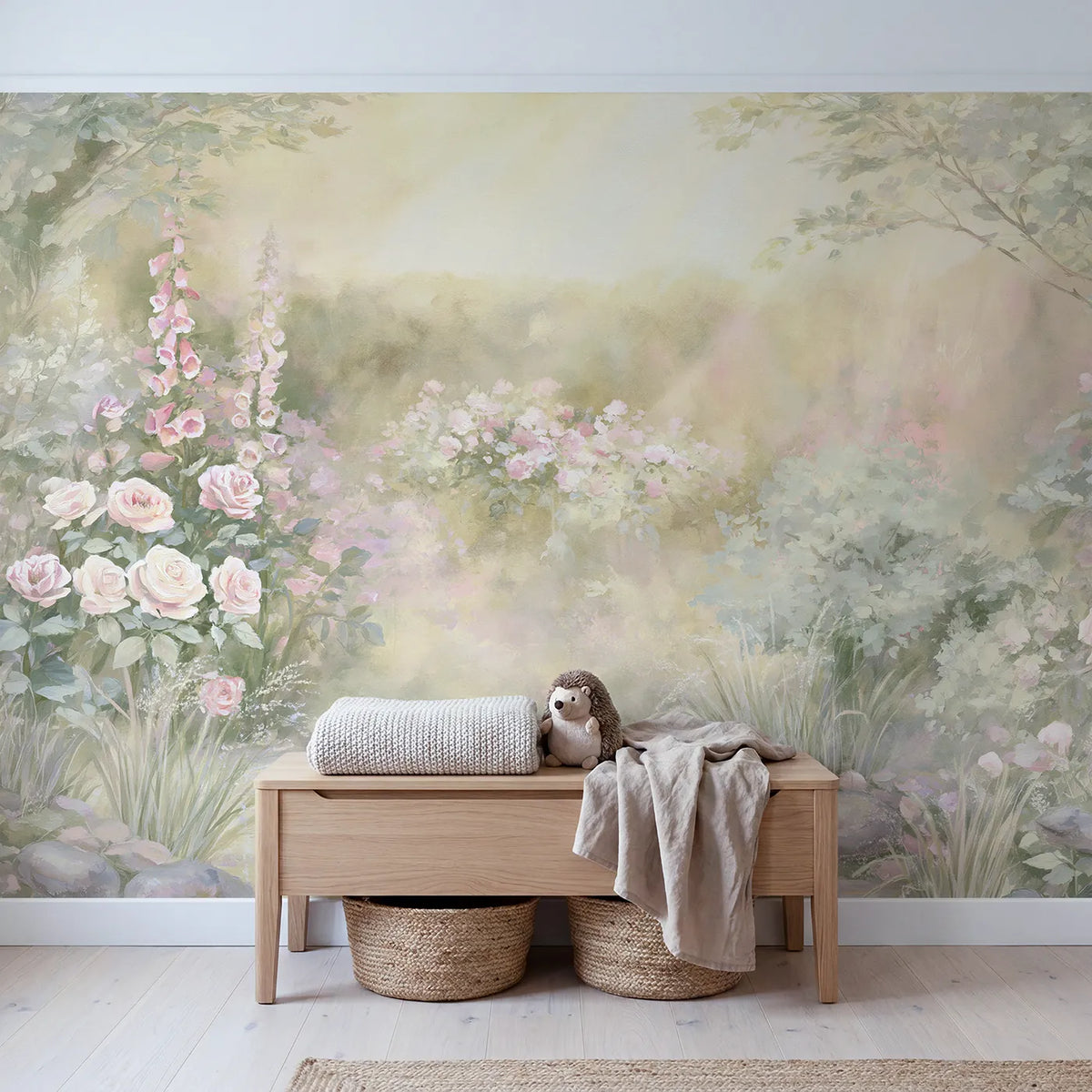 Enchanted Garden Dawn Wallpaper Mural in playroom setting by Whimsy Tots