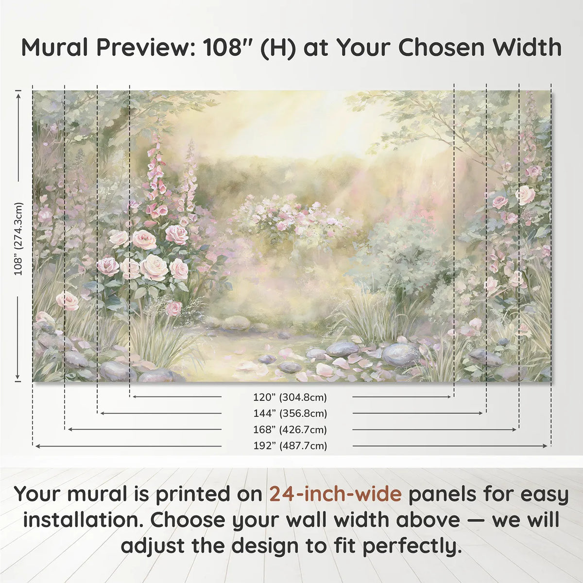 Panel layout and dimensions for Enchanted Garden Dawn Wallpaper Mural by Whimsy Tots