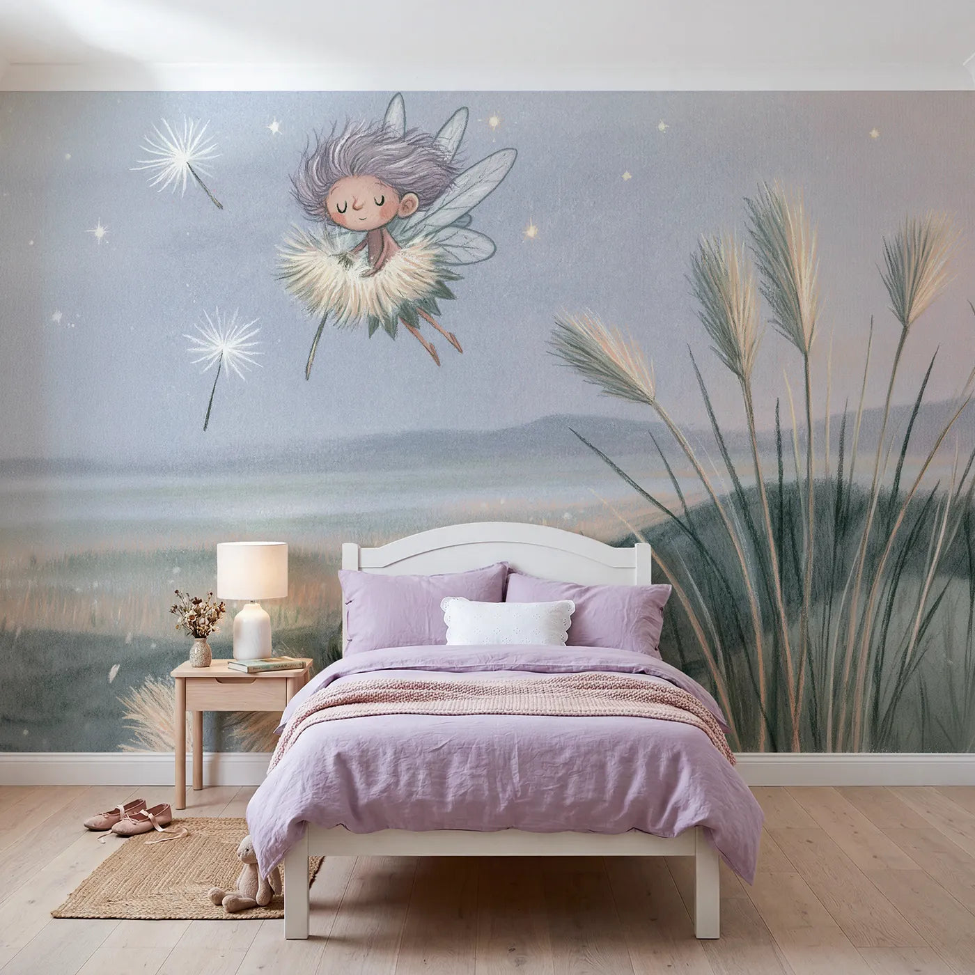 Colored pencil wall mural of a fairy on a dandelion seed on blush by Whimsy Tots