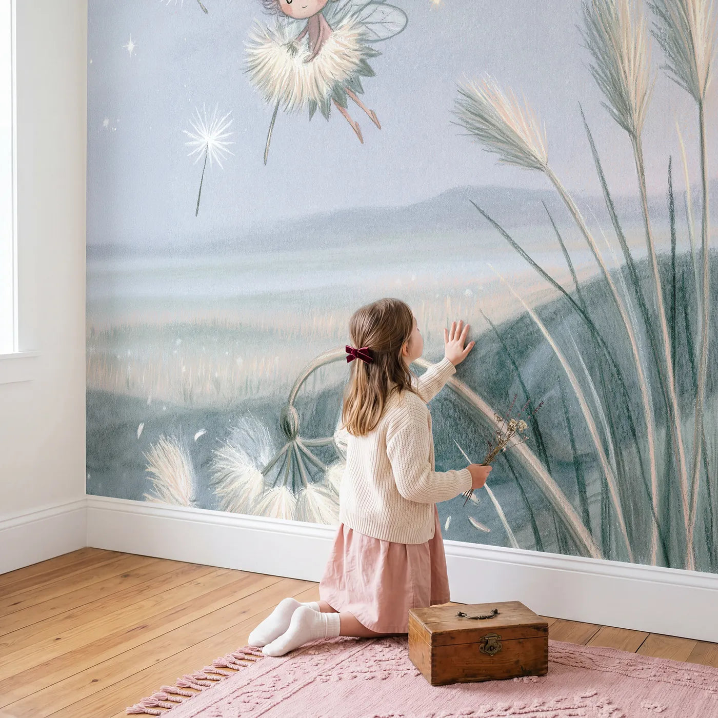 Child in nursery with Pencil Fairy Dream Wallpaper Mural by Whimsy Tots