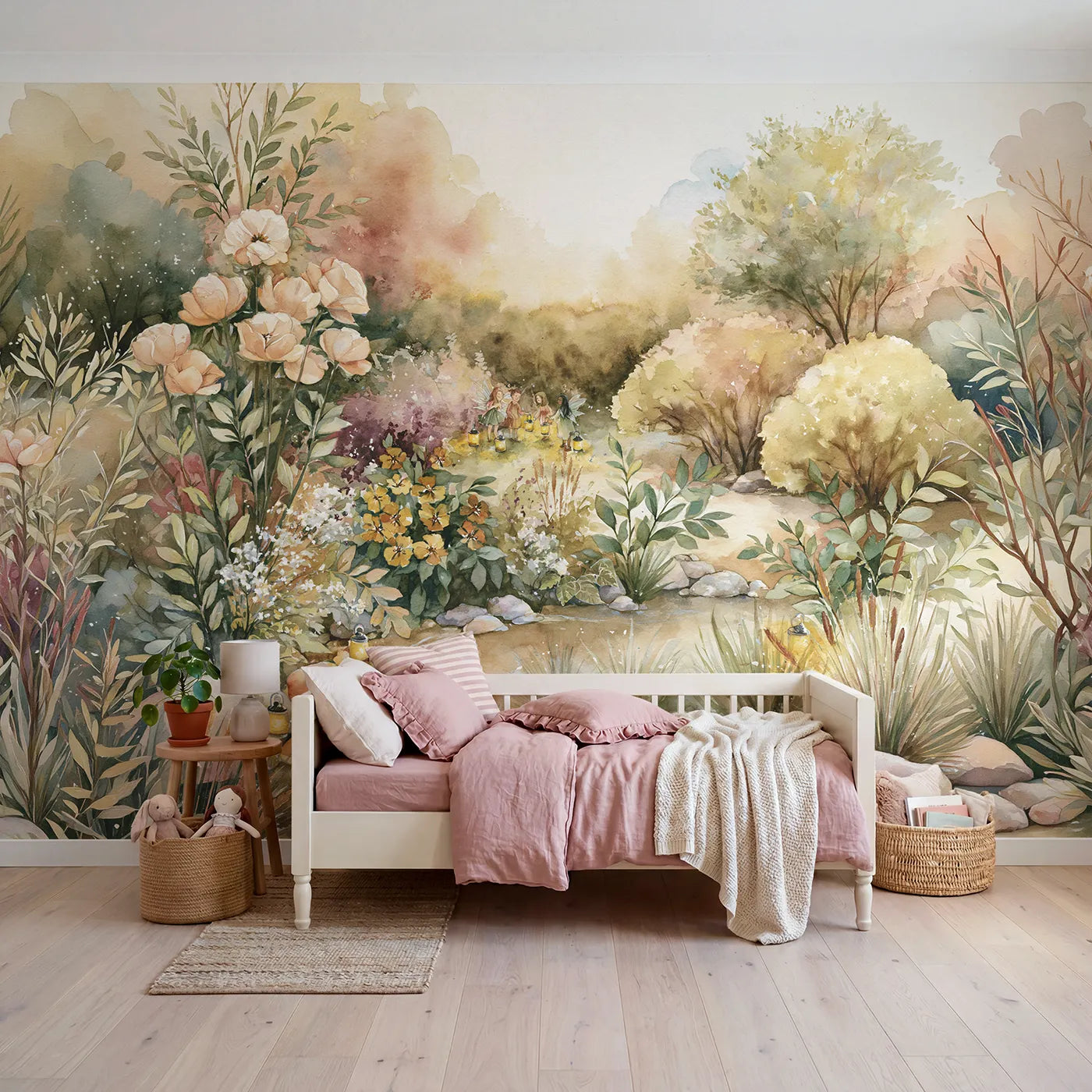 Watercolor wall mural of a fairy lantern path on warm cream by Whimsy Tots