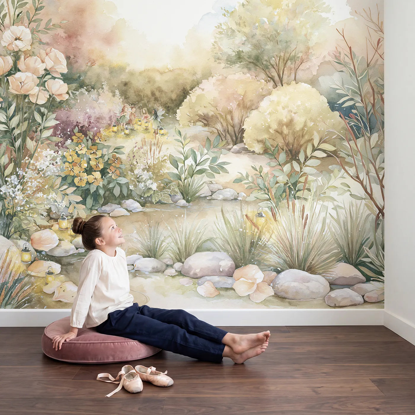 Child in nursery with Fairy Lantern Path Wallpaper Mural by Whimsy Tots