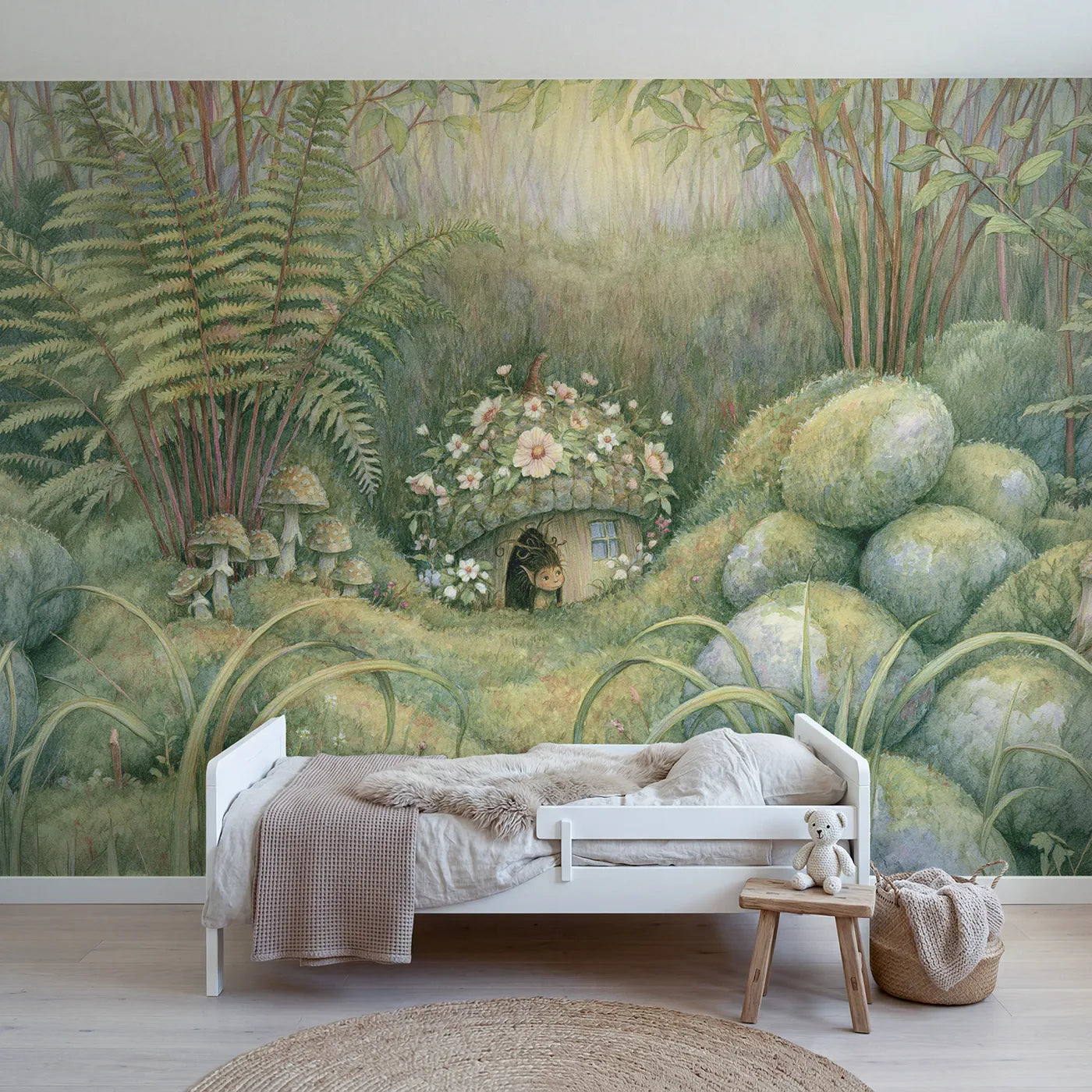 Storybook wall mural of an acorn fairy house on pale sage by Whimsy Tots