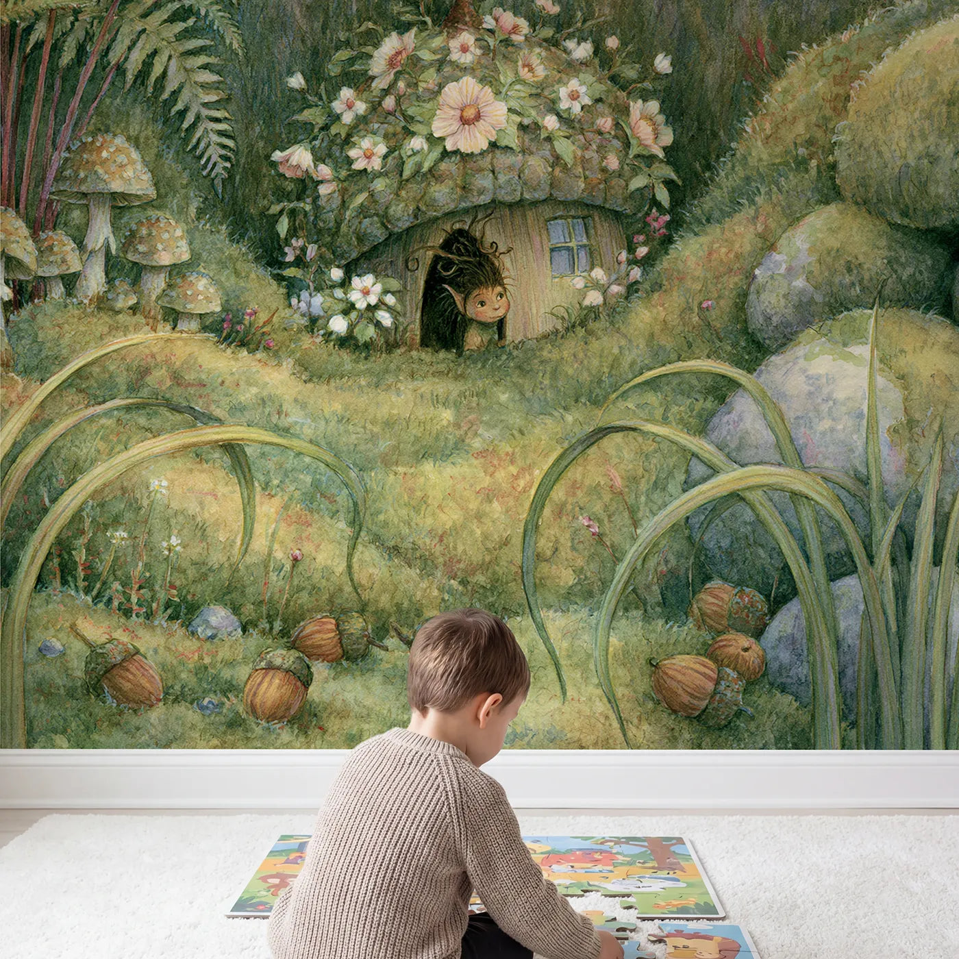 Child in nursery with Acorn Fairy House Wallpaper Mural by Whimsy Tots